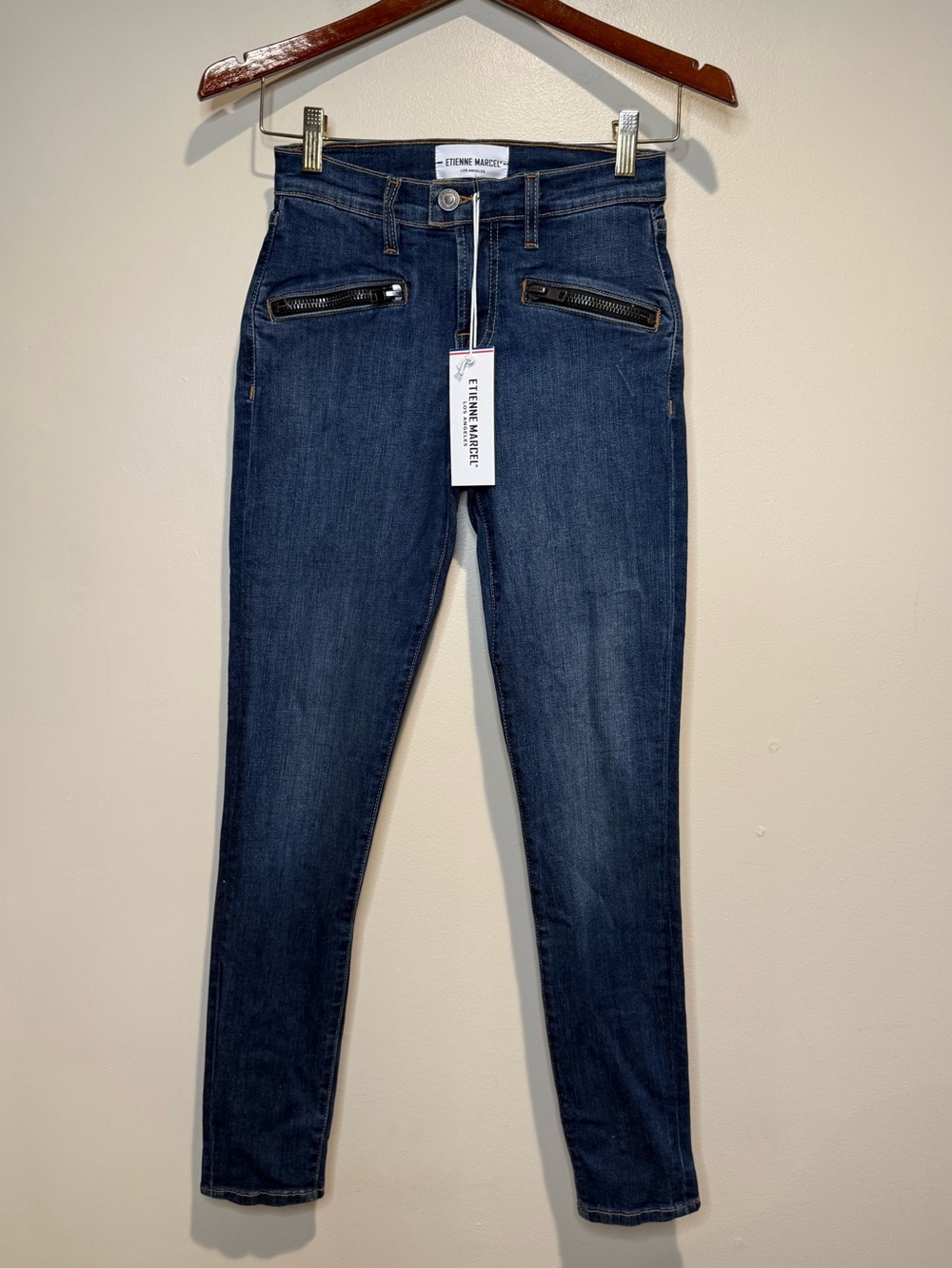 Etienne Marcel dark blue front zipper pocket skinny jeans NWT size 26